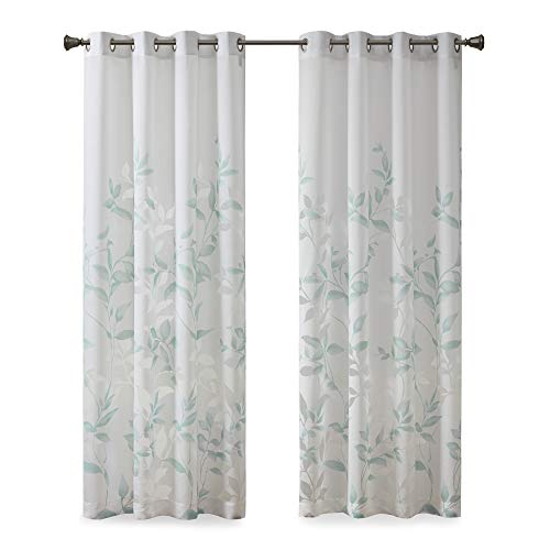 Madison Park Cecily Semi Sheer Single Panel Window Curtain Burnout Botanical Print, Easy To Hang, Fits Up To 1.25" Diameter Rod, 50X84", Leaves Aqua #TOP7