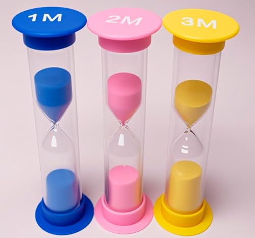 Sand Timer 3 Colorful Small Hourglass for Kids Acrylic Covered Sandglass Clock 1Min / 2Min / 3 Min for Toothbrush Board Game Classroom Office (3 Pack-1/2/3 Min)
