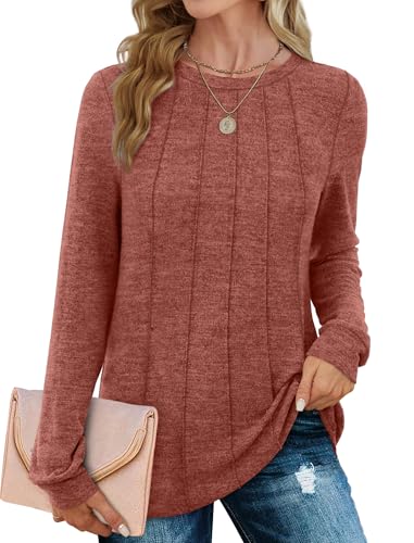 Saloogoe Womens Tops Dressy Casual Long Sleeve Shirts Crewneck Fall Sweatshirts Pleated Front Caramel S thumb #1