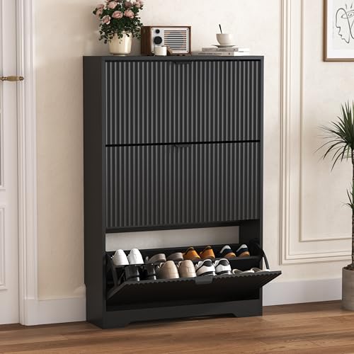 Image of HUANLEGO Shoe Cabinet Storage for Entryway with 3 Flip Drawers, Black Fluted Shoe Cabinet with Adjustable Shelves, Wooden Hidden Shoe Rack Freestanding Narrow Slim Shoes Storage for Hallway, Entrance