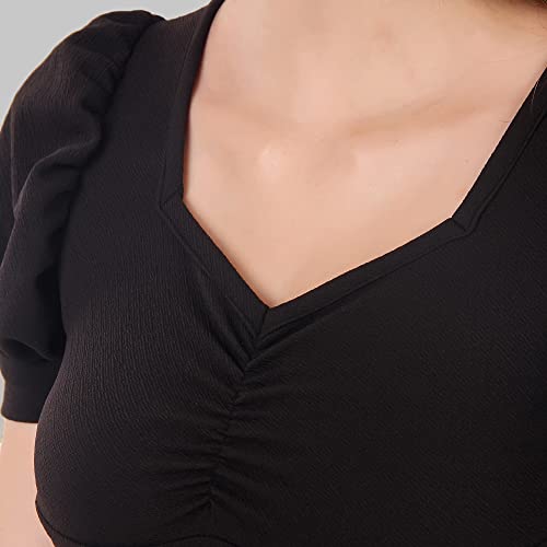 Image of Istyle Can Sweetheart Neck Ruched Front Puff Sleeve /Half Sleeve Streachable Solid /Plain Slim Fit Crop top for Women | Women's Slim FIT Crop TOP | Tops for Women