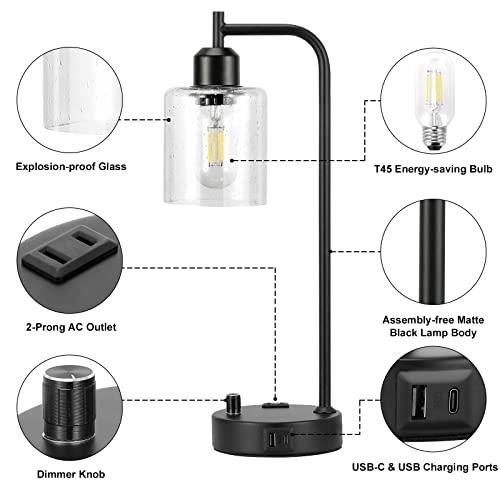 Industrial Table Lamps for Bedrooms Set of 2, Fully Dimmable with USB A & C Ports and Outlet, Black Nightstand Lamps with Glass Shade for Living Room