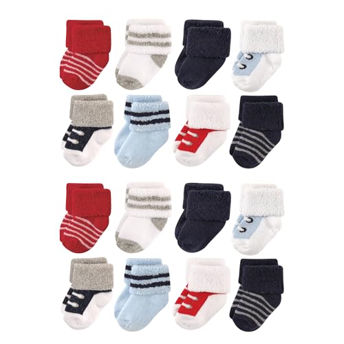 Luvable Friends Unisex Baby Baby Cotton Rich Terry Socks 16-Pack, Red Navy Sneakers, 0-6 Months