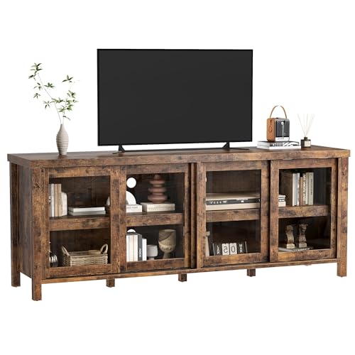 Image of 65 Inch TV Stand for Televisions Up to 70 Inches, Modern Entertainment Center with Storage, 4 Sliding Glass Doors, Mid-Century Style Media Console for Living Room,Retro Brown