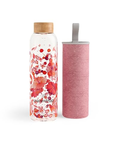 waterdrop® Glass Water Bottle 600ml, Water Flask with Bamboo Lid & Sleeve, Reusable Borosilicate Glass Flask, Leakproof