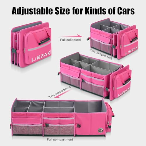 Image of LIBZAKI Oversize 4 in 1 Car Trunk Storage Organizer, Multi Compartment Collapsible Trunk Storage Box with Cooler Bag for Car Truck SUV-Rose red