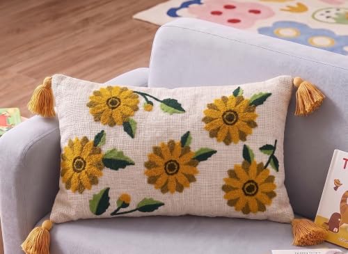 Image of Furnistitchs Boho Rectangle Cushion Cover 12x20 inches | Handmade Decorative Throw Pillow Case | Bohemian Home Decor Sofa Bed Cushion Cover Living Room Bedroom (1, Mustard Floral Buds, 12x20 inches)