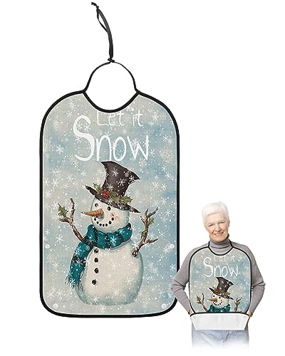 Christmas Snowman Adult Bibs for Eating, Waterproof Bibs with Food Catcher & Adjustable Snap Closure, Watercolor Blue Ombre Snowflake Washable Clothing Protectors Adult Bibs for Elderly Women/Men