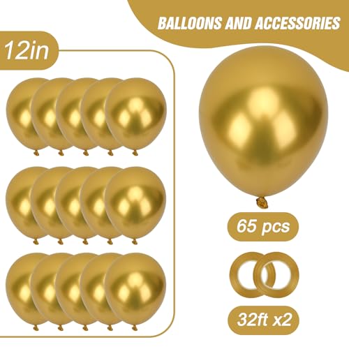 Image of RUBFAC Metallic Gold Balloons 65pcs, 12 Inch Party Balloon with Ribbons for Birthday, Wedding, Baby Shower, Graduation Decorations