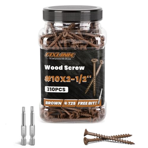 Image of Wood Screws 2-1 /2 Inch, FIXLINK Deck Screws #10 x 2-1 /2 inch, 310 PCS, Epoxy Coated, T25 Star Bit Above 1500 Hour Salt Spray Coating Outdoor Decking Screws Excellent Rust Resistant for Wood Fence, Brown