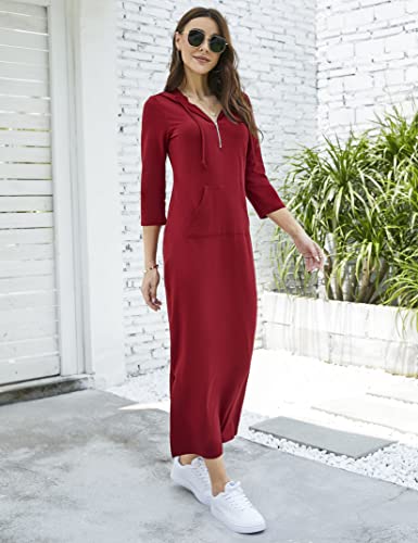 Image of MISSKY Women Casual Pocket Quarter-Zip Neck 3 /4 Sleeve Slim Split Pullover Hoodie Maxi Dress