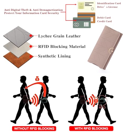 Leather Wallet for Women Trifold Womens' RFID Blocking Wallet Card Holder Purse Clutch with Zipper Coin Pocket,Soybean Sand4