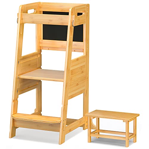TOETOL Bamboo Toddler Kitchen Step Stool Kids Learning Helper Standing Tower 3 Height Adjustable Stool with Activity Chalkboard and Whiteboard Message Boards,Non-Slip Mat,Natural