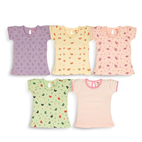 Image of LuvLap Baby Girls Regular Fit 100% Cotton Half Sleeves Girls Top Pack of 5