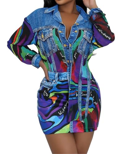 Recious Womens Sexy 2 Pieces Fake Denim Printed Blouse Shirts Tops Bodycon Skirts Party Clubwear Dress Outfits Set