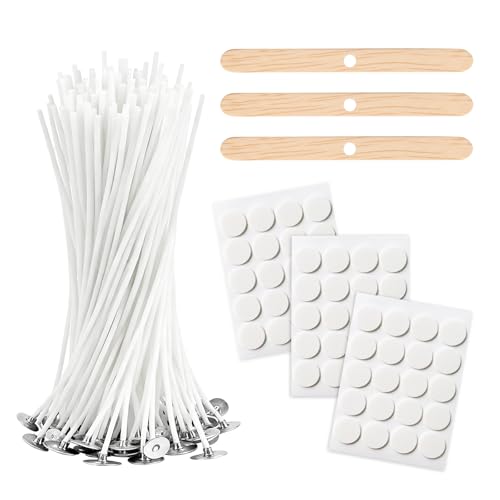 Wanheart 50 Pcs Candle Wicks for Making Candles 10cm Long Pre-Waxed with Metal Tabs Includes 3pcs Wick Holders & 60pcs Glue Dots Long Lasting No Black Smoke for Home and DIY Candles White