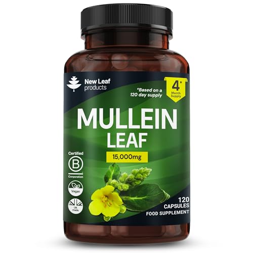 Mullein Leaf Extract for Lungs 15 000mg High Strength 50:1 Concentrate 4 Month Supply 120 Vegan Mullein Leaf Capsules UK Made by New Leaf