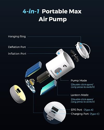 FLEXTAILGEAR 4.5kPa Air Pump for Inflatables, Portable Air Mattress Pump with Led Light, 3600mAh Emergency Battery Power Supply, 50-500 lumens Light for Camping, Air Mattress, Sleeping Pads