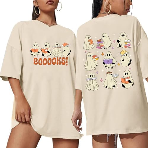 Halloween Shirts for Women Oversized Ghost Reading Books T-Shirt ...