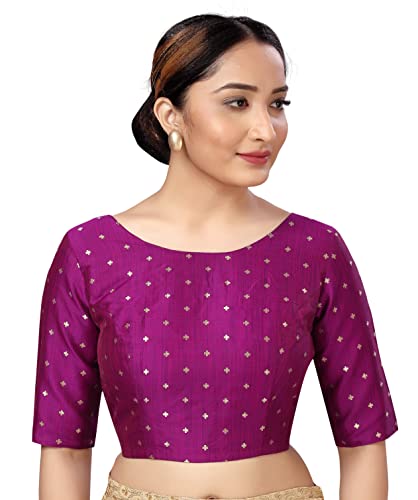 Image of Studio Shringaar Women Cotton Silk Silky Brocade Readymade Elbow Length Sleeves Saree Blouse Choli