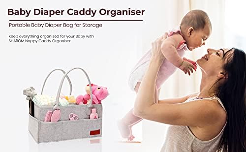 SHAROM Nappy Caddy Organiser - Sturdy 3mm Thick Portable Baby Diaper Bag for Storage - Easy to Carry Nursery Basket for Wipes and Newborn Essentials, Grey Felt