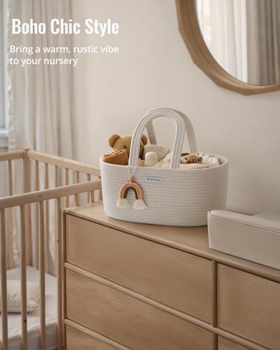 Image of Blissful Diary Baby Diaper Caddy Organizer, Cotton Rope Diaper Caddy Basket, Oval Storage Basket, Gift for Baby Shower, Newborn Essentials, Beige