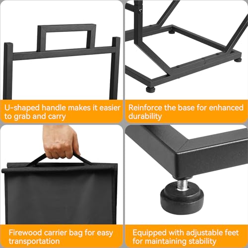 YENGOTH Firewood Rack, Indoor/Outdoor Firewood Holder with Firewood Carrier Bag, Thickened Metal Fireplace Log Holder with Adjustable Feet, Black - Thumbnail 5
