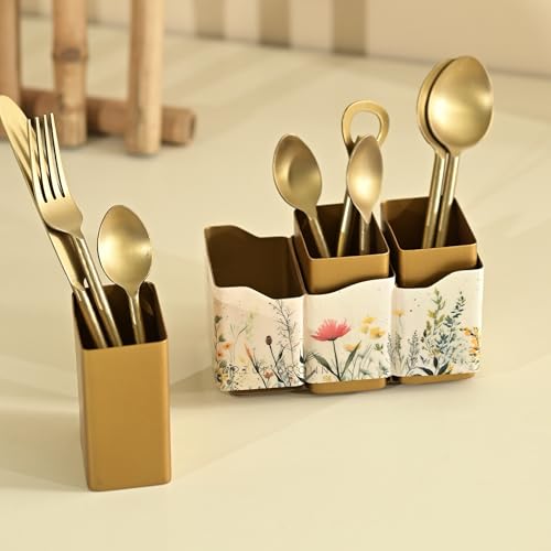Image of Brick Brown Premium Metal Triflora Cutlery Holder - Spoon Stand for Kitchen | Spoon Holder for Dining Table | Wooden Caddy Storage Organizer | Stand Caddy Holder for Kitchen Utensils (6.3x8x9.5in)