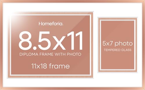Image of Homeforia 11x18 Diploma Frame with Photo, High End Metal 11 x 18 Rose Gold Certificate Frame with Mat for 8.5x11 Diploma and 5x7 Picture, 11by18 Award Degree Frames, Tempered Glass, Wall Kit, Set of 3