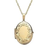 Women's & Ladies 14k (Karat) Yellow Gold-Filled Engraved Oval Four Picture Locket, Gold-Filled Locket Features Flower Engraved Details & Opens To Reveal Four Pictures, 18' Inch Yellow Gold Rope Chain