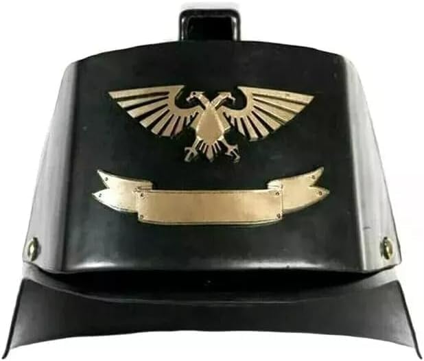 Medieval Fantasy Helmet with Eagle Emblem, Black Metal, Decorative Gold Banner, LARP Cosplay Costume Accessory