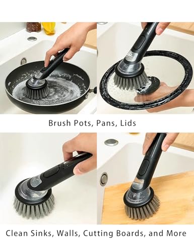 Image of Kitchen Cleaning Brush with Soap Dispenser Handle - Multifunctional Brush Head Replacemen for Pans, Pots, Kitchen Sink, 4 in 1 Household Cleaning Tool for Home and Apartment Must Haves