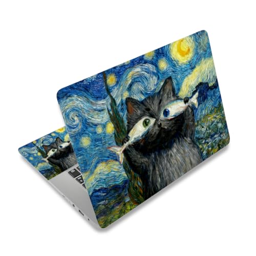Image of DINKY Laptop Skin Sticker Decal 15.6 inch 15.4 inch 12 inch 13 inch 13.3 inch 14 inch 15 inch Laptop Universal Vinyl Skin Stickers Cover Art Decal Notebook PC Personalized Protector, Blue Starry Sky Cat Fish