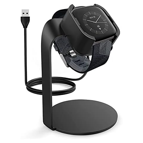 Kmasic Charging Dock Compatible with Fitbit Versa 2, Aluminum Charging Stand Portable Magnetic Charging Station Accessories Replacement 3.3ft USB Cable for Fitbit Versa 2 Smartwatch, Black Cover