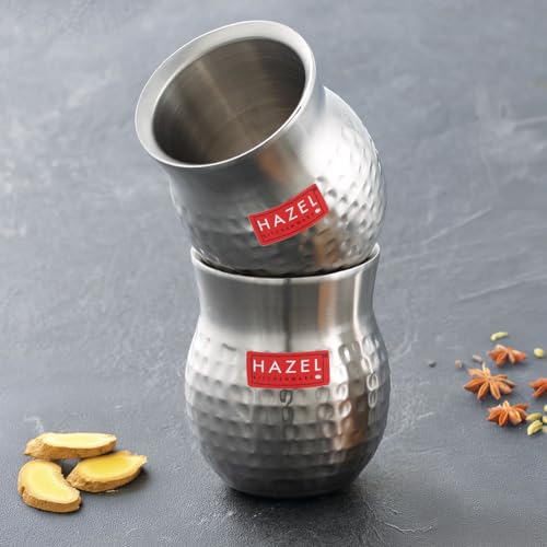 Image of HAZEL Double Wall Stainless Steel Kullad Set of 2 | Hammered Finish Tea & Coffee Cups | 150 ML | 6 cm Diameter