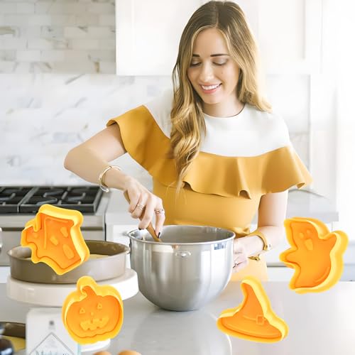 Pacote com 4 cortadores de biscoito de Halloween, cortador de biscoito 3D com carimbo de êmbolo, moldes de biscoito de Halloween - fantasma, morcego, abóbora, gato, castelo, lápide, bruxa, aranha