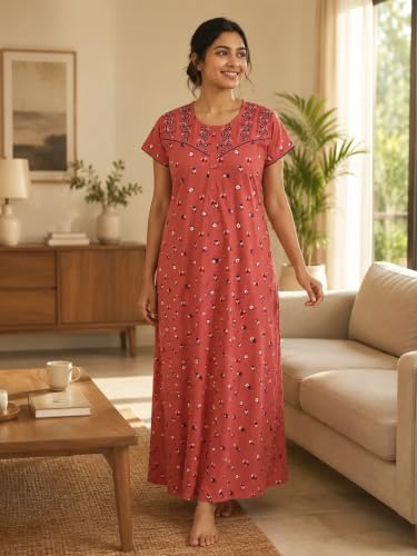 Image of 9shines Label Stylish Bamboo Cotton Nighty Maxi for Women | Full Length Trendy Nightgown | Premium Nightdress | Nightwear | Embroidery Nighty with Pocket (9666)