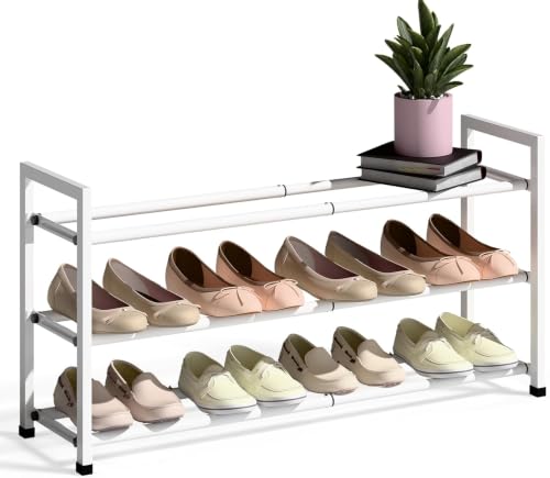 Image of Bumusty 3-Tier Expandable Shoe Rack for Closet, 18 inch-33 inch Adjustable Shoe Rack for Small Space, Small Shoe Organizer for Front Door, Sturdy Metal, White