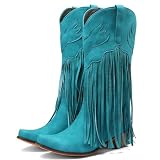Meefit Women Fringe Cowboy Boots Square Toe Mid Calf Embroidered Western Boots,Tassel Cowgirl Boots Stacked Heel Retro Boots(Royal blue,US7.5)