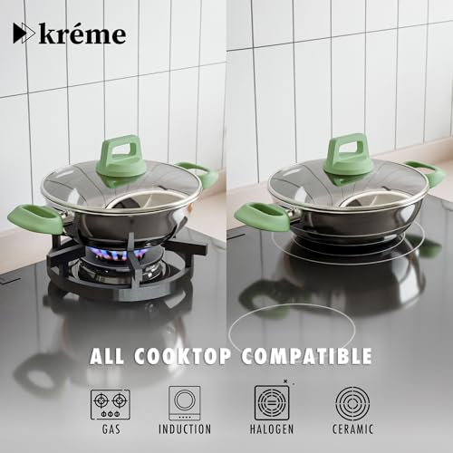 Image of Kreme Set of 2 Platina Triply Stainless Steel Kadhai with Lid (22 cms & 26 cms /Capacity 2.1 litres & 3.3 litres; Induction and Gas Compatible