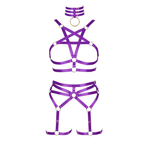 BBOHSS Damen Body Harness Pentagramm BH Set Punk Strumpfband Bein Taille Tanz Elastic Gothic Carnival Zubehör (lila)