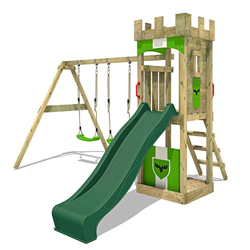 FATMOOSE Wooden Climbing Frame TreasureTower with Swing Set and Green Slide, Garden Playhouse with Sandpit, Climbing Ladder & Play-Accessories