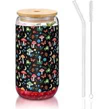 16oz Borosilicate Tumbler with Lid & Glass Straw, Moon Frogs Trippy Mushroom Leaves, Hot/Cold Drink Cup for Office, Home Coffee Bar, Tea and Latte Accessory