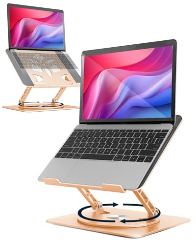 Aoviho 360 Rotating Laptop Stand for Desk | Adjustable Foldable Portable Aluminum Ergonomic Riser | Compatible with MacBook Dell HP & All Laptops 10-16 inch | Gold