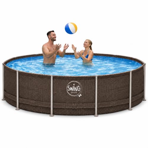 HAF - Swing Frame Pool rund Grau Rattan-Optik (Ø 366 cm 91 cm tief) - Gartenpool mit 8.300 Liter - Robust UV-geschützt & korrosionsbeständig - Stabiler Metallrahmen - Schnellaufbau ohne Werkzeug