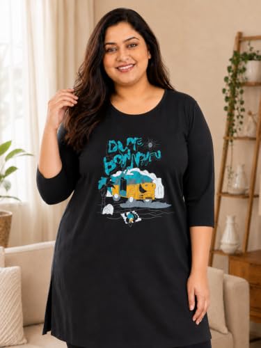 Image of RYSH Women's Plus Size Printed Nightshirt | Round Neck | 3 /4 Sleeve | Relaxed Fit Long Nightwear Top |