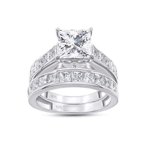 7MM Center Princess Cut Bridal Set Ring 3 Cttw And 4 Cttw In Lab Created Moissanite Engagement Wedding Ring For Women In 925 Sterling Silver 10K And 14K Solid Gold Jewlery