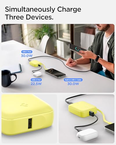 Image of Spigen ArcPack 10000mAh Power Bank with Built-in USB-C Cable,30.0W Fast Charging, 1 Type-C Cable, 1 Type-C Port, 1 USB-A Port - (ABS + PC | Pastel Yellow)