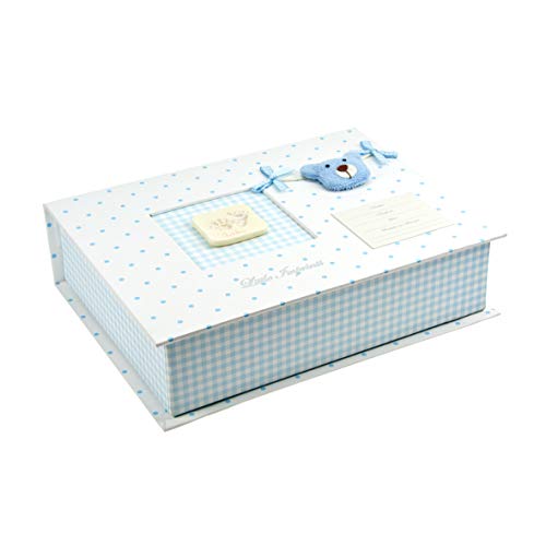 Caja de recuerdos para bebés hecha a mano en color azul con set de modelado e impresión en arcilla