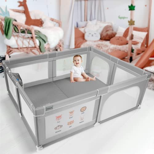 Image of Cowiewie Baby Playpen, 76.77" x 61.02" Large Playard with Hanging Basket, and Breathable Mesh with Prints, Safety Gate Playpen for Babies and Toddlers, Kids Activity Center